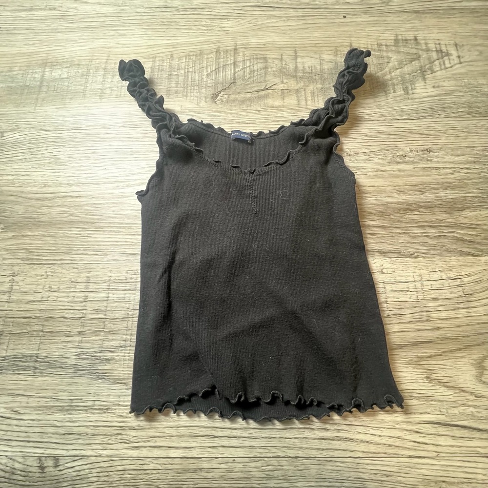 Brandy Melville Tank Top Womens One Size Black Ribbed Ruffle Lettuce Edge Basic
